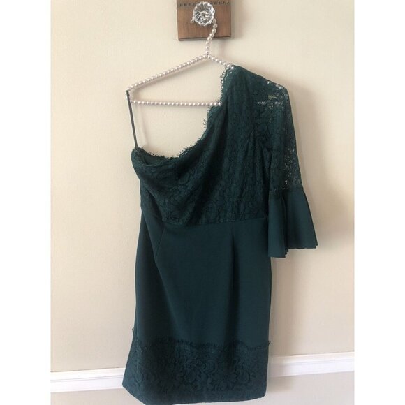 Lulus Womens Size Large Green Lace Dress One Shoulder Bell Sleeve - Picture 1 of 6